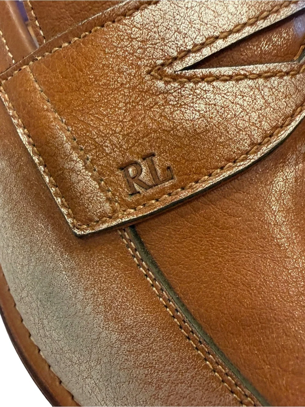 Ralph Lauren Purple Label Women’s Leather Loafers Tan W/ Metallic  Sz US 8.5